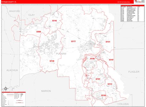 Putnam County, FL Zip Code Wall Map Red Line Style by MarketMAPS - MapSales