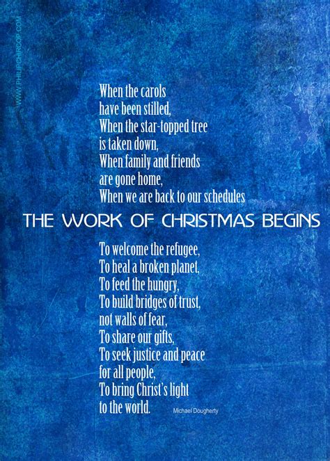 the work of christmas begins on blue paper with words written in white ...