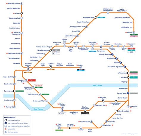 Plan et carte du train urbain de Londres : stations et lignes