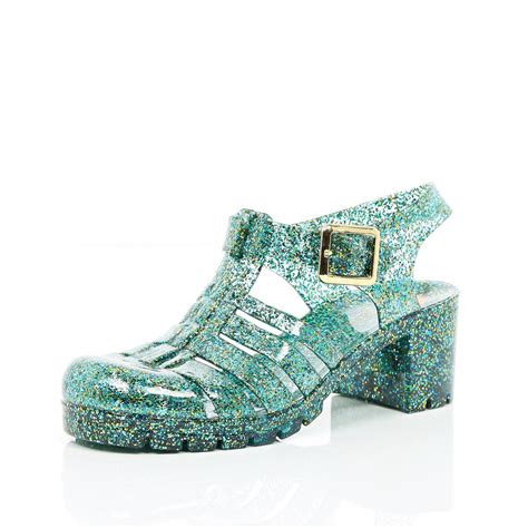 Lyst - River Island Green Glitter Block Heel Jelly Shoes in Green