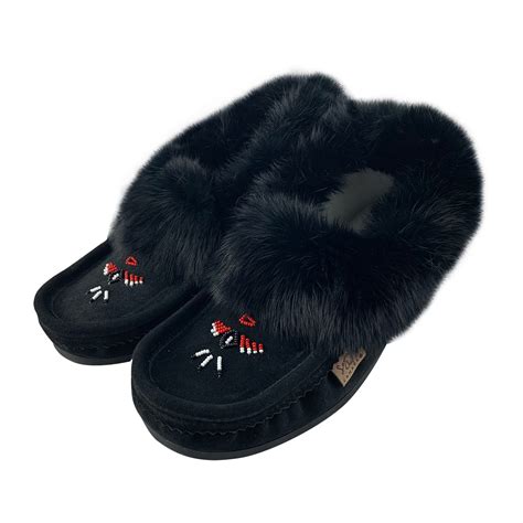 Crepe Sole Fleece Lined Men's Moccasin Slippers with Rabbit Fur Trim – Moccasins Canada