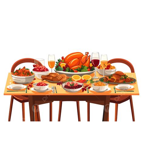 Illustration Vector Flat Cartoon Of Happy Thanksgiving Dinner Table As ...