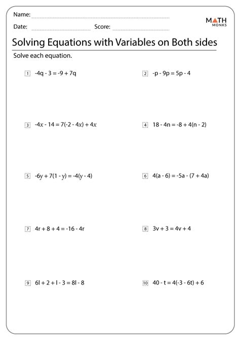 One Step Variable Equations Worksheet