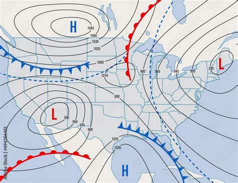 Forecast weather isobar map of USA states, meteorology wind fronts and ...