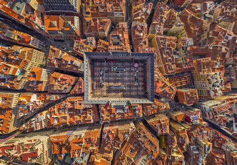 Aerial view above of Plaza Mayor, Madrid, Spain stock photo