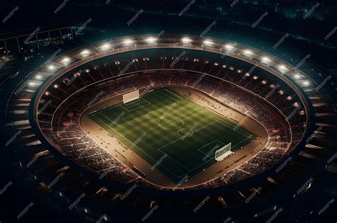 Premium Photo | Aerial view of soccer stadium or football field in night time