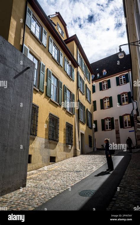 Pedestrianised zone of the Old Town with atmospheric streets and architecture, Basel ...