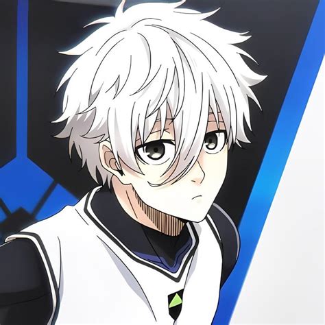 an anime character with white hair and black eyes looking at the camera ...