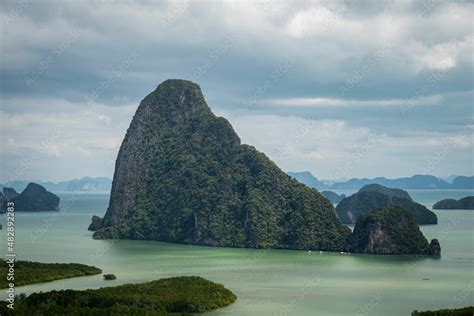 View from above, aerial view of the beautiful Phang Nga Bay (Ao Phang Nga National Park) with ...