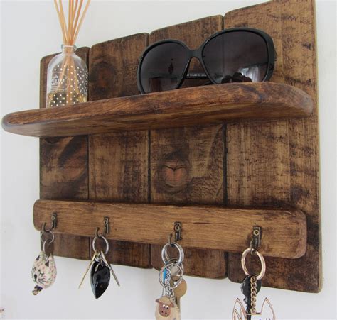 Rustic Reclaimed Wood 4 Hook Key Holder With Shelf 7 Colour Options ...