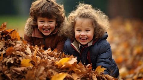 Adorable children playing in piles of autumn leaves 29732893 Stock Photo at Vecteezy