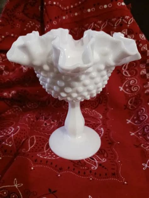 VINTAGE FENTON WHITE Milk Glass Hobnail Crimped Pedestal Fan Vase 6" Ruffled $12.00 - PicClick