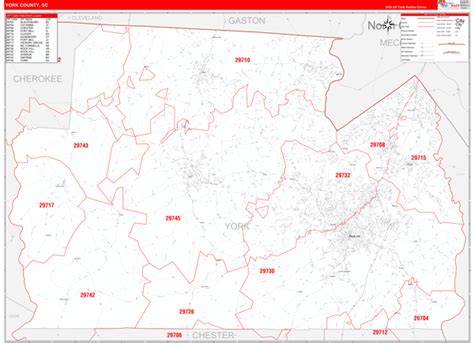 York County, SC Zip Code Wall Map Red Line Style by MarketMAPS - MapSales