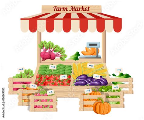 Front view market wood stand with farm food and vegetables in open box vector with weights and ...