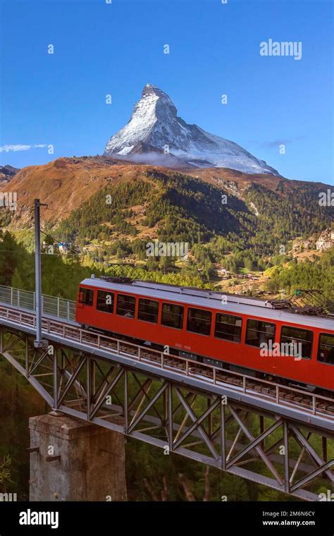 Zermatt, Switzerland. Gornergrat train on bridge Stock Photo - Alamy