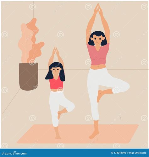 Mother and Daughter Yogi Together in Yoga Asana Pose Meditation at Home Vector Illustration ...