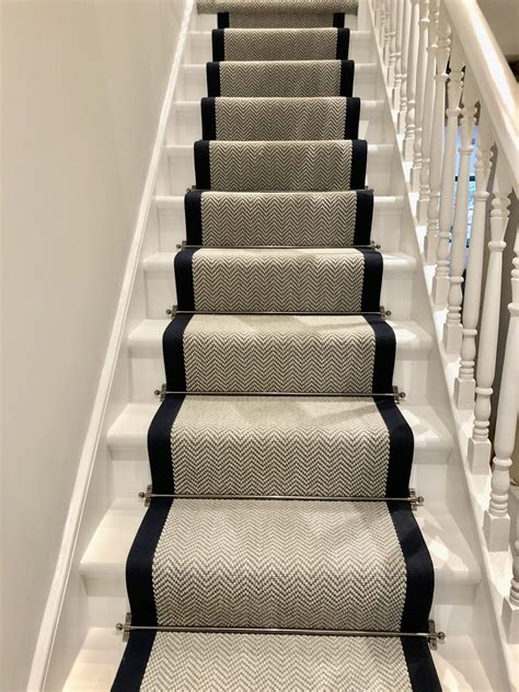 Grey herringbone stair runner with navy trim #victoriawoodley | Carpet staircase, Staircase ...