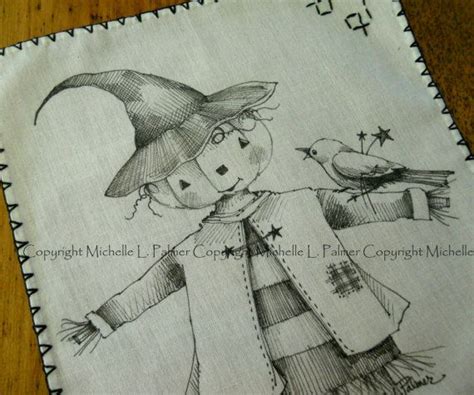 Hand-Drawn Fall Scarecrow Illustration on Vintage Embroidery Linen