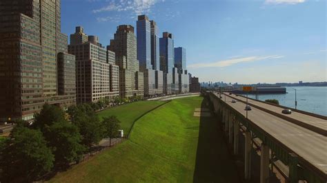 Establishing shot of modern cityscape high rise skyscrapers buildings ...