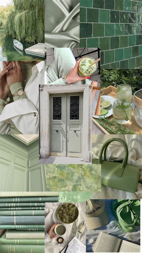 a collage of green and white items including a door, books, vases and ...