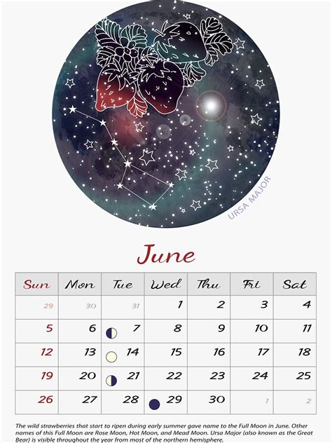 "June 2022 calendar Strawberry moon Moon phase calendar 2022 Big Dipper Ursa Major Constellation ...