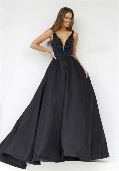 Plunging V Neck Beaded Black Satin Sexy Prom Dress | ubicaciondepersonas.cdmx.gob.mx