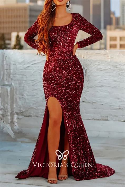 Sparkly Burgundy Metallic Sequin Long Sleeve Prom Dress - VQ