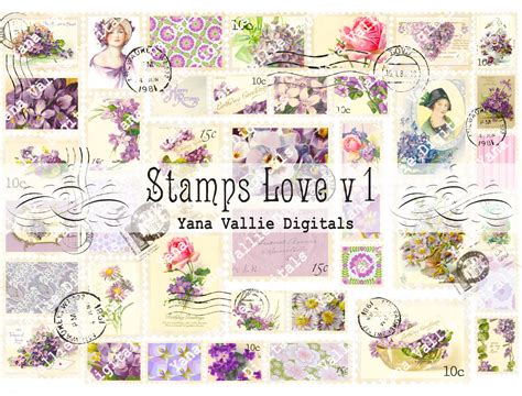 Vintage Stamps Printable Collage Sheet, Digital Junk Journal Ephemera, Flowers/lilac/vintage ...