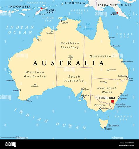 Australia, political map, with the capital Canberra, internal administrative boundaries, and ...