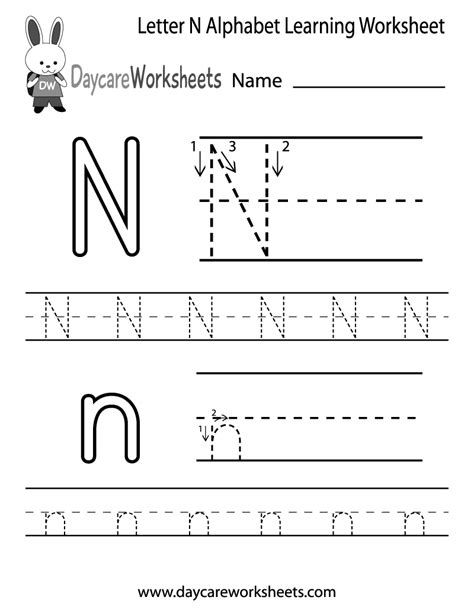 Free Printable Letter N Alphabet Learning Worksheet for Preschool