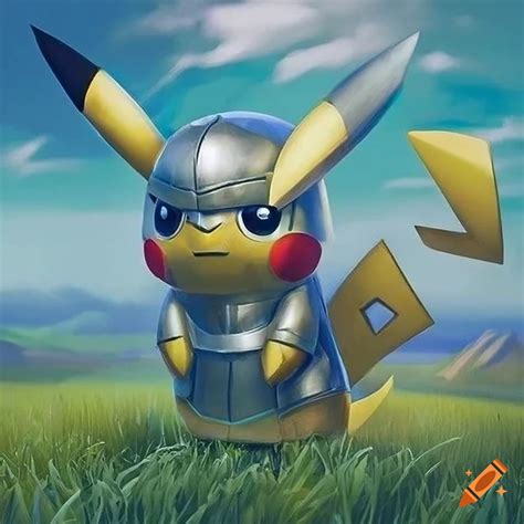 Pokemon pikachu in silver knight armor standing in grassy foreground on Craiyon