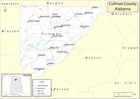 Map of Cullman County, Alabama showing cities, highways & important ...