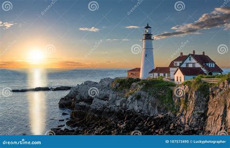 Sunrise at Portland Lighthouse in Cape Elizabeth, Maine, USA. Stock ...