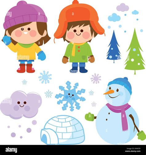 Winter vector set with children wearing warm winter clothes, snowman ...