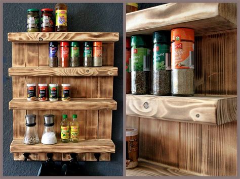 Wooden spice rack for the wall - Flamed - 4 shelves - 65 x 50 x 12 cm - solid wood