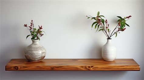 Premium Photo | White wall with wooden shelves