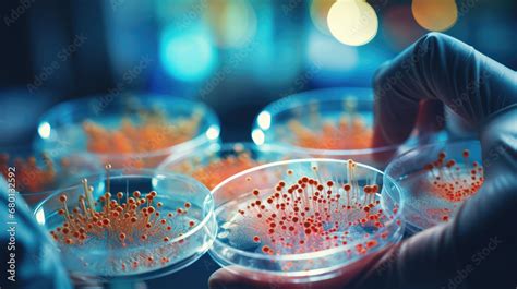 Scientist's hand holding the bacteria colonies growing petri dish over bacteria plates ...