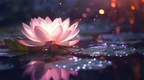 Premium AI Image | a pink lotus flower in the water with sparkles floating around