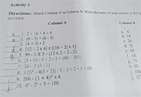 Activity 1providedColumn AColumn B1. 2 + 16 + 4 + 42. (6 - 3) + (6-3)3. (4+3). 24. [12– 2 x 4] x ...