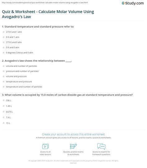 Quiz & Worksheet - Calculate Molar Volume Using Avogadro's Law | Study.com