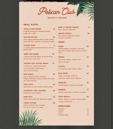 Online Menu of Pelican Club Restaurant, Edgartown, Massachusetts, 02539 ...