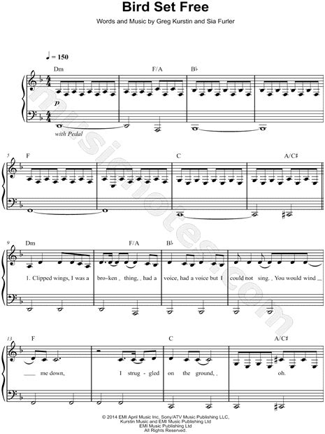 Sia "Bird Set Free" Sheet Music (Easy Piano) in D Minor (transposable) - Download & Print - SKU ...