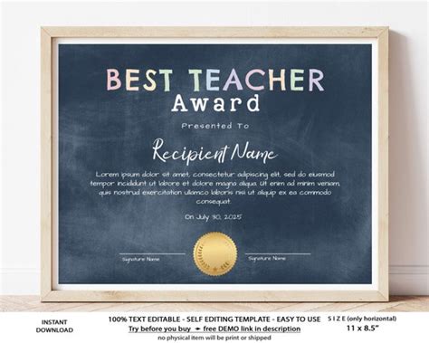 Editable Best Teacher Certificate Template Teacher - Etsy