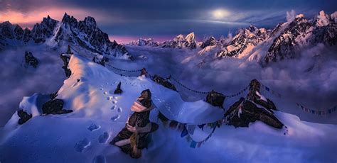 nature, Landscape, Mountain, Snow, Summit, Moonlight, Sky, Flag, Winter, Cold, Nepal, Himalayas ...