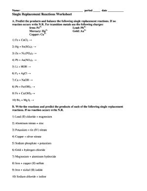 Single Replacement Worksheet - Fill Online, Printable, Fillable, Blank | pdfFiller