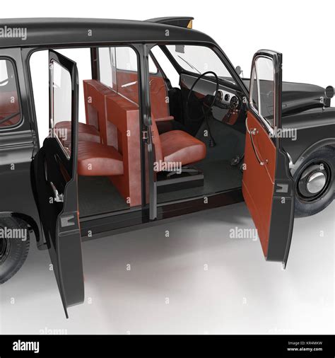 Old Black Cab interior on white. Doors opened. 3D illustration Stock ...