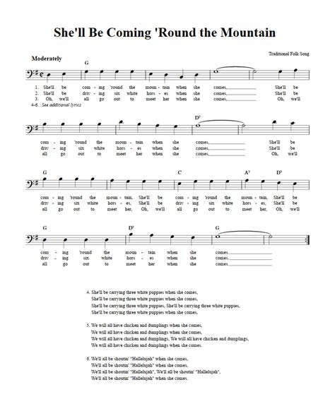 She'll Be Coming 'Round the Mountain Bass Clef Instrument Sheet Music ...