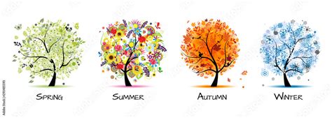 Four seasons - spring, summer, autumn, winter. Art tree beautiful for ...