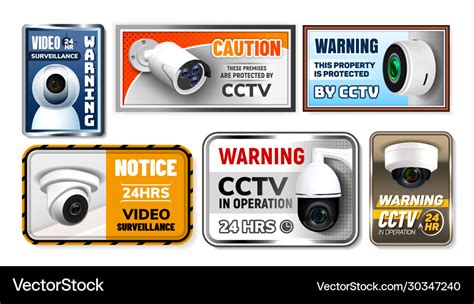 Caution protect cctv nameplates posters set Vector Image