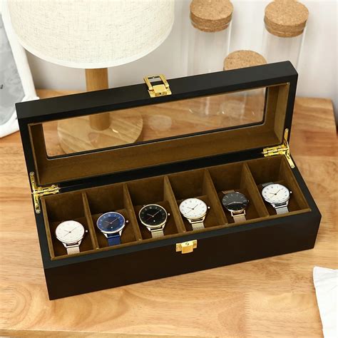 6 Slots Watch Box Organizer Display Case Wood Luxury Glass Top Wristwatch Box Jewelry Storage ...